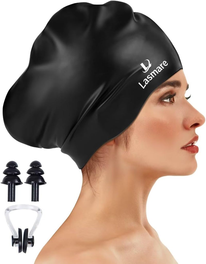 Lasmare قبعة سباحة كبيرة طويلة الشعر مع مساحة إضافية للنساء والرجال، قبعة سباحة سيليكون للشعر الطويل والكثيف مع مجموعة سدادات أذن ومشبك أنف، قبعات سباحة مائية للبالغين للحفاظ على الشعر جافاً - Image 1